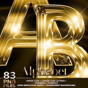 Alfabeto cromado dorado de lujo, letras PNG glamorosas y metálicas, alfabetos A-Z dorados brillantes, descarga instantánea, elegante conjunto de letras n.° 101
