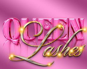 May include: A pink and gold logo with the text "Queen Lashes" in a 3D, glossy style. The text is outlined in gold and has a silver glitter effect. The logo is set against a pink background.
