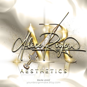 May include: Gold logo with the letters "AR" and the text "Alice Roger" in cursive script. The letters are overlaid with a sparkling silver syringe. The text "AESTHETICS" is below the logo. The text "MAIN LOGO" and a website address are below the text.