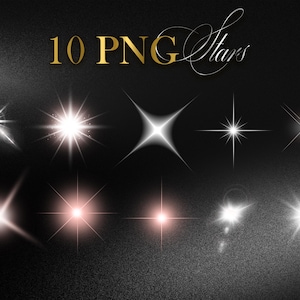 K&ouml;nnte beinhalten: Zehn digitale PNG-Stern-Grafiken in verschiedenen Stilen, darunter Ausbr&uuml;che und Kreuzformen, mit wei&szlig;en und rosaroten Highlights. Der Text "10 PNG Stars" ist in goldener Schrift auf einem dunklen, strukturierten Hintergrund.