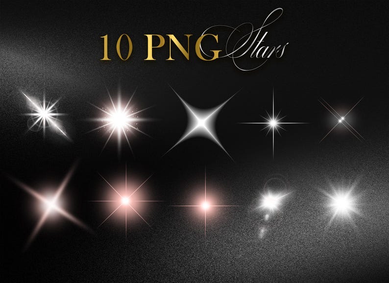 K&ouml;nnte beinhalten: Zehn digitale PNG-Stern-Grafiken in verschiedenen Stilen, darunter Ausbr&uuml;che und Kreuzformen, mit wei&szlig;en und rosaroten Highlights. Der Text "10 PNG Stars" ist in goldener Schrift auf einem dunklen, strukturierten Hintergrund.