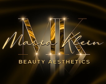 May include: Gold logo with the letters "MK" in a bold, geometric font. The letters are filled with a swirling, marble-like pattern in shades of gold and black. The text "Maria Klein" is written in a cursive font below the letters, and the text "Beauty Aesthetics" is written below that. The logo is set against a black background with a subtle gold sheen.
