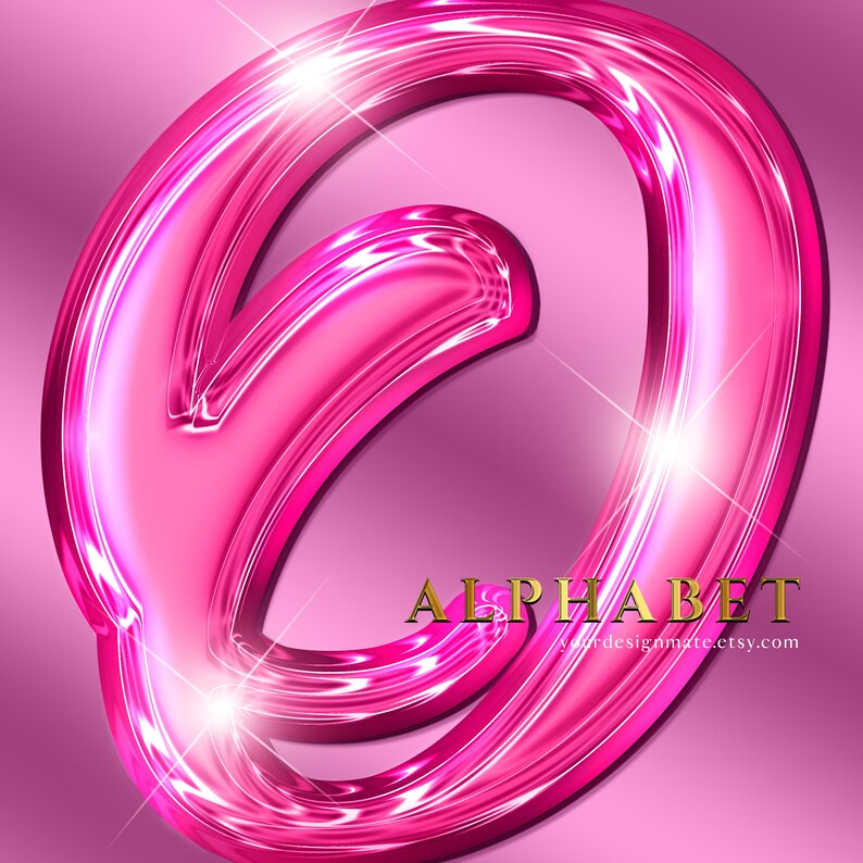 K&ouml;nnte beinhalten: Ein gl&auml;nzender, pinkfarbener Buchstabe "O" mit 3D-Effekt, vor einem rosa Farbverlauf. Das Wort "ALPHABET" ist in goldener Schrift dargestellt. Das Bild hat helle Glanzlichter und ein gl&auml;nzendes Aussehen.