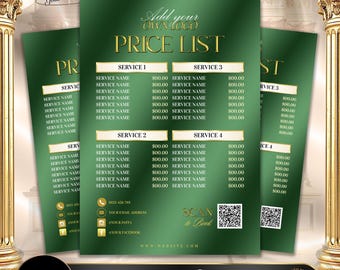 Emerald Green Price List Template, Luxe Beauty Salon Menu, Editable Price Sheet, Emerald+Gold Pricing Guide, Price Menu, Instant Download #7