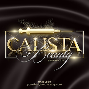 May include: A gold and silver logo for a beauty business called "Calista Beauty Aesthetics". The logo features a stylized syringe and the business name in a bold, gold font.
