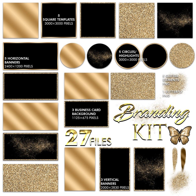 Black Gold Branding Kit Bundle, Luxury Gold Backgrounds & Frames PNG ...
