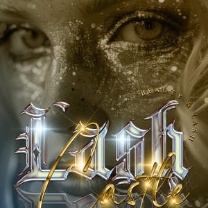 May include: A close-up of a woman's eye with gold glitter makeup. The text "Lash Castle" is in a gold and silver 3D font with a sparkling effect. The text "Beauty & Lash" is in a smaller gold font.