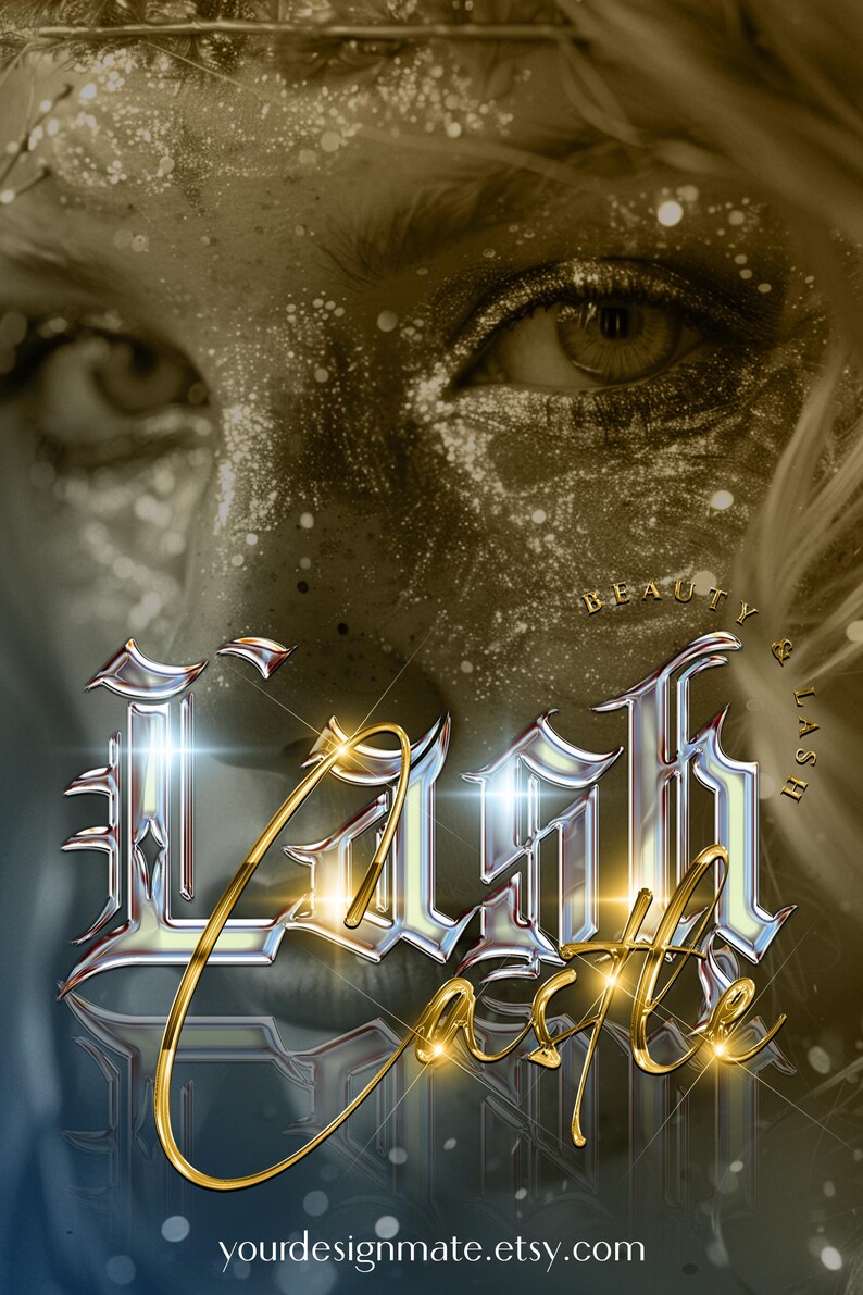 May include: A close-up of a woman's eye with gold glitter makeup. The text "Lash Castle" is in a gold and silver 3D font with a sparkling effect. The text "Beauty & Lash" is in a smaller gold font.
