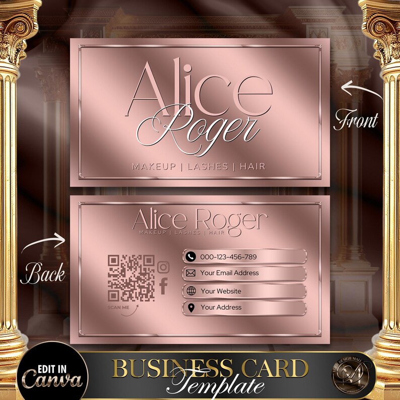 Op de afbeelding: Een roze gouden visitekaartje sjabloon met de naam "Alice Roger" en de tekst "Make-up | Wimpels | Haar". De achterkant van de kaart bevat een QR-code, social media-iconen en contactgegevens.
