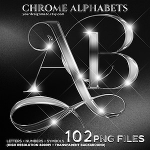 Alfabeto cromado plateado (imágenes prediseñadas) / Letras metálicas 3D PNG / Letras y números de la A a la Z en plata brillante de lujo / Conjunto de letras elegantes / Instantáneo n.° 103