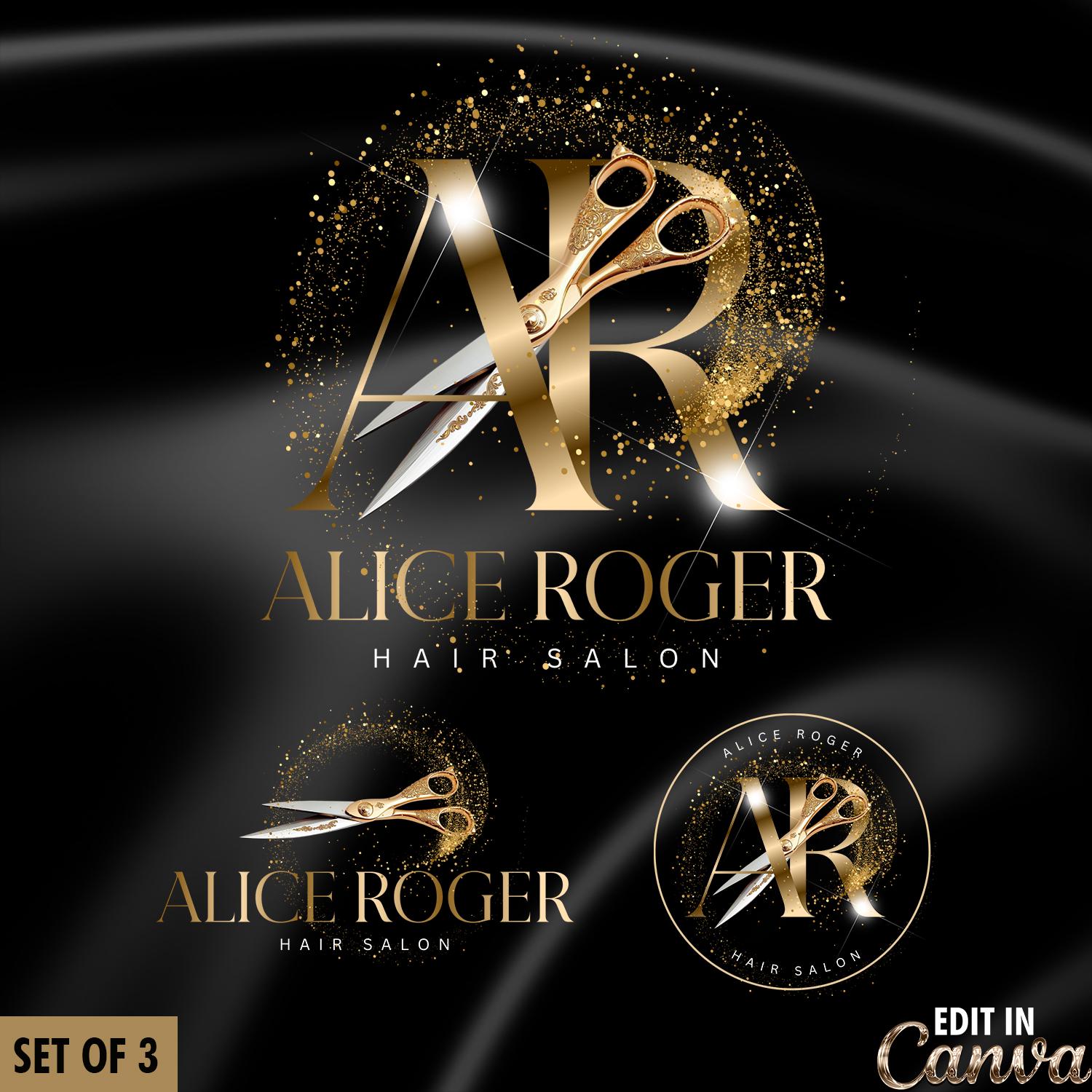 Luxury Hair Salon Logo, Gold Scissors Logo, Elegant Hairdresser Logo, Hair Stylist Branding, Editable Canva Logo, Beauty Salon Logo Set #33