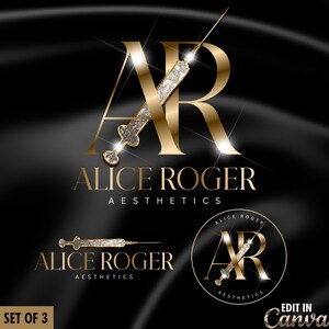 May include: A set of three gold and diamond-like logos for a business called "Alice Roger Aesthetics". The logos feature the letters "AR" with a stylized syringe design. The logos are set against a black background.