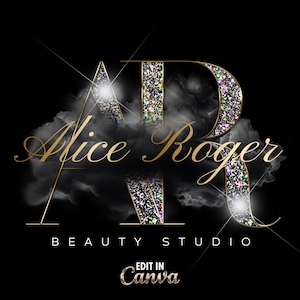 May include: A logo for a beauty studio called "Alice Roger Beauty Studio". The logo features the letters "A" and "R" in a sparkly gold font, with a cloud behind them. The text "Edit in Canva" is at the bottom of the image.