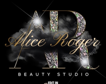 Luxury Glitter Beauty Logo Template | Editable Canva Logo for Salon, Glam Sparkle Monogram Branding, DIY Business Logo for Lash & Makeup #34