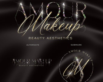 May include: A gold glitter logo design for a beauty business called "Amour Makeup" with the tagline "Beauty Aesthetics". The logo features a geometric shape with the word "Amour" in all caps and the word "Makeup" in a script font. The alternate logo is a circle with the letter "M" in a script font and the words "Amour Makeup" around the circle.