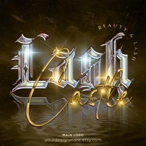 May include: A silver and gold logo with the text "Lash Castle" in a gothic font. The logo is reflected in a rippling water surface. The text "Beauty & Lash" is in a circle above the logo.