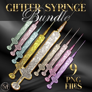 Glitter Syringe Clipart Bundle | Aesthetic Syringe PNG Set | 9 Glitter Syringes for Beauty Logo, Med Spa Branding, Nurse Sticker Transparent