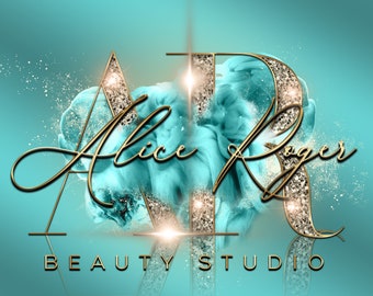 May include: Gold glitter letters "AR" with a gold outline and a turquoise background. The text "Alice Roger Beauty Studio" is below the letters. The text "Main Logo" and a website address are at the bottom of the image.