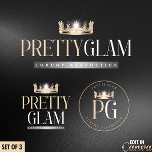 May include: A set of three PrettyGlam logos in gold and white on a black background. The logos include a crown, the words "PRETTY GLAM", and "LUXURY AESTHETICS". The text "SET OF 3" and "EDIT IN Canva" are also visible.
