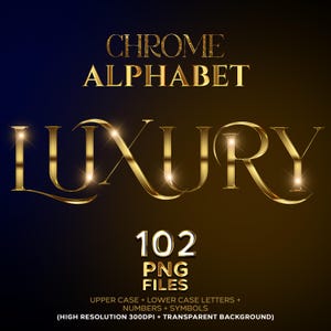 Clipart alfabeto cromato oro di lusso, lettere metalliche glamour PNG, alfabeti A-Z oro scintillante, download immediato, set di lettere eleganti n. 95