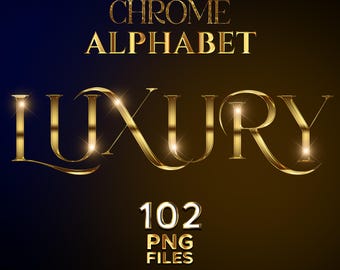 Luxury Gold Chrome Alphabet Clipart, Glam Metallic Letters PNG, Sparkle Gold A-Z Alphabets, Instant Download, Elegant Lettering Set #95