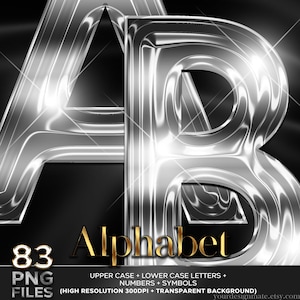 Luxury Silver Chrome Alphabet Clipart, Glam Metallic Letters PNG, Shiny Silver A-Z Font, Branding Letters, Instant Download, Letter Set #107