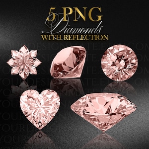 K&ouml;nnte beinhalten: F&uuml;nf PNG-Diamanten in Ros&eacute;gold mit Reflexionen auf schwarzem Hintergrund. Die Diamanten haben verschiedene Formen, darunter ein Stern, ein Rundschliff, ein Herz und eine Tropfenform. Der Text "5 PNG Diamonds with Reflection" steht oben.