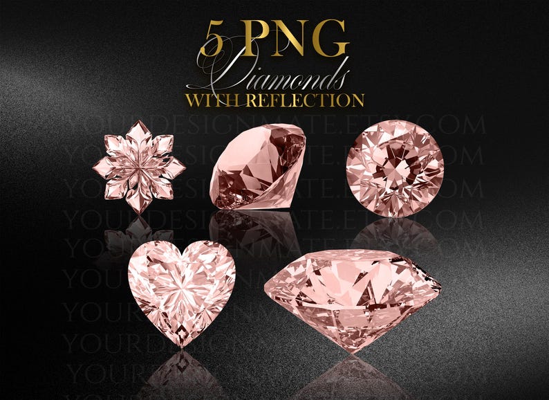 K&ouml;nnte beinhalten: F&uuml;nf PNG-Diamanten in Ros&eacute;gold mit Reflexionen auf schwarzem Hintergrund. Die Diamanten haben verschiedene Formen, darunter ein Stern, ein Rundschliff, ein Herz und eine Tropfenform. Der Text "5 PNG Diamonds with Reflection" steht oben.