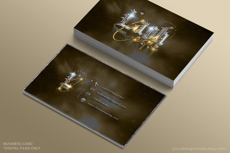 May include: A gold and silver business card with the word "Lush" in a stylized font. The card has a dark brown background with a subtle sparkle effect. The card includes contact information such as a phone number, email address, and website address.