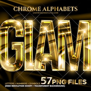 Luxury Chrome Alphabet PNG Letters | Gold Metallic Font Clipart | 3D Shiny Text | Glam Numbers Symbols | Digital Alphabet Download #134
