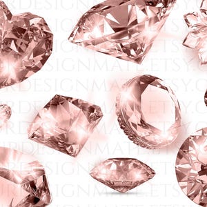 K&ouml;nnte beinhalten: Eine Sammlung rosafarbener Diamanten-Illustrationen in verschiedenen Formen, darunter Herz-, Oval- und Rundschliffe. Die Edelsteine funkeln mit Lichtreflexen, vor wei&szlig;em Hintergrund. Ideal f&uuml;r digitale Kunst oder Schmuckdesign.