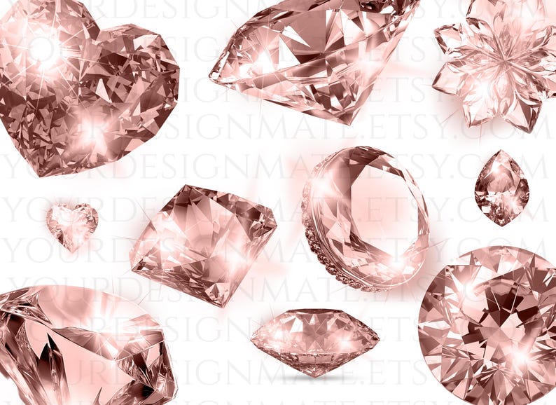 K&ouml;nnte beinhalten: Eine Sammlung rosafarbener Diamanten-Illustrationen in verschiedenen Formen, darunter Herz-, Oval- und Rundschliffe. Die Edelsteine funkeln mit Lichtreflexen, vor wei&szlig;em Hintergrund. Ideal f&uuml;r digitale Kunst oder Schmuckdesign.