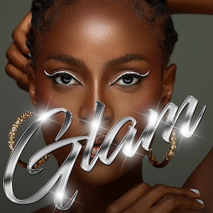 May include: A close-up of a person's face with a silver and gold "Glam" text overlay. The person is wearing large gold hoop earrings with rhinestones.