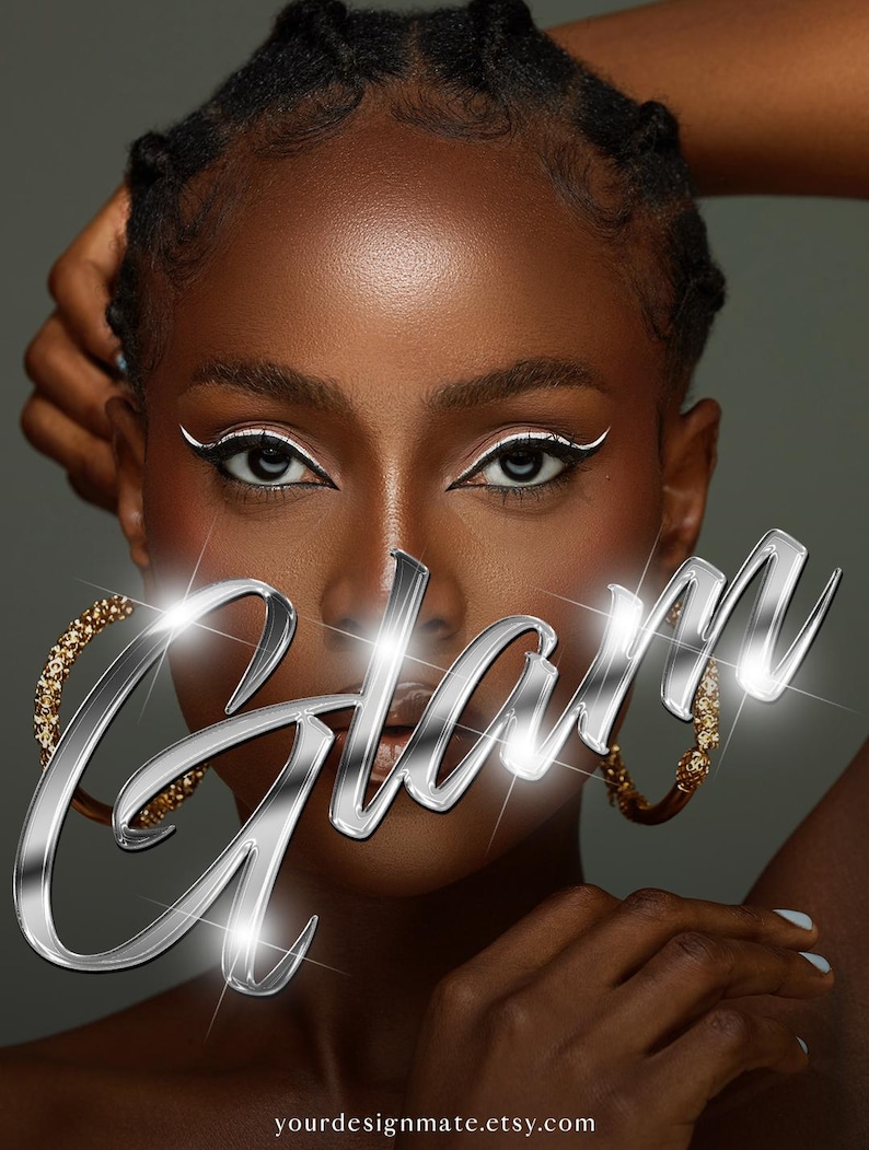 May include: A close-up of a person's face with a silver and gold "Glam" text overlay. The person is wearing large gold hoop earrings with rhinestones.