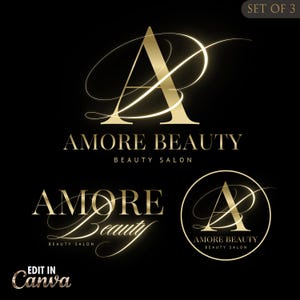 May include: A set of three gold logos for "Amore Beauty" beauty salon. The logos feature the letters "A" and "B" intertwined with elegant script, and the words "Beauty Salon". The background is black.