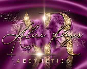 Puede incluir: Letras doradas con purpurina "AR" con un fondo morado y dorado. Las letras están en un marco geométrico. El texto "Alice Roger AESTHETICS" está debajo de las letras. El texto "MAIN LOGO yourdesignmate.etsy.com" está en la parte inferior de la imagen.