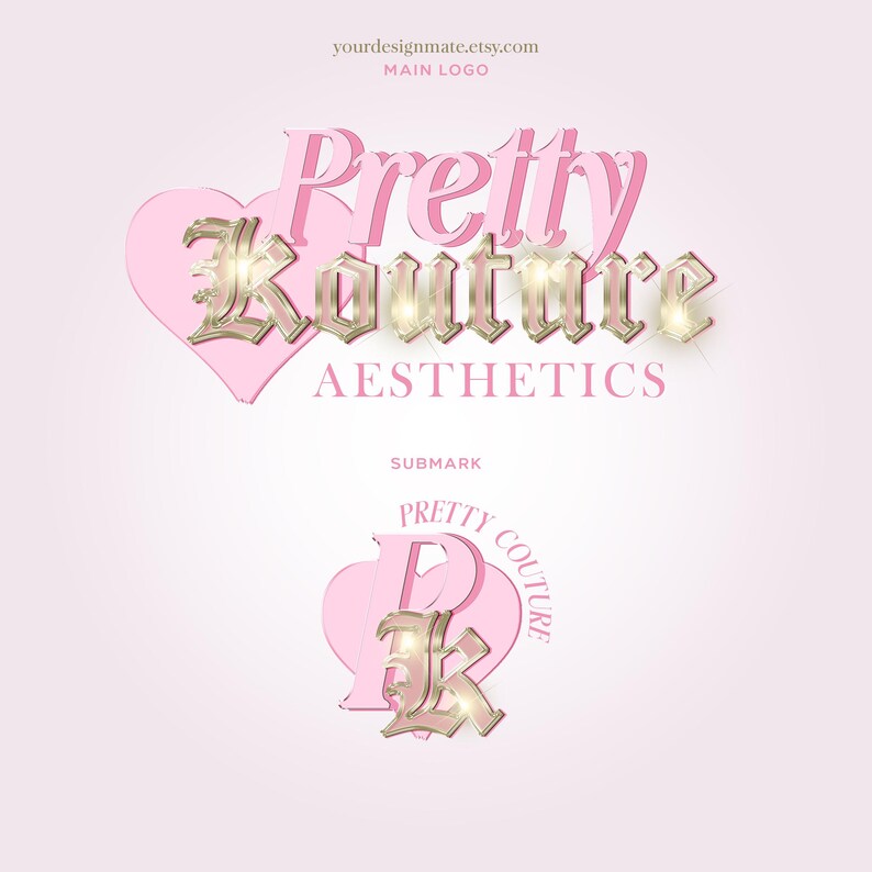 Pode incluir: Cora&ccedil;&atilde;o rosa com o texto "Pretty Kouture AESTHETICS" em letras douradas com uma submarca rosa e dourada que diz "PRETTY COUTURE" em forma de cora&ccedil;&atilde;o.
