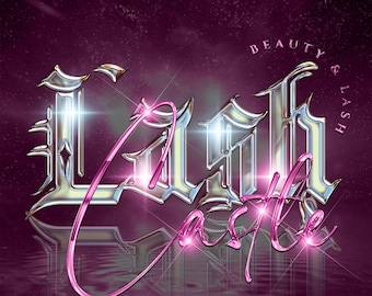 Puede incluir: Un logotipo plateado y rosa con el texto "Lash Castle" en una fuente gótica. El texto "Beauty & Lash" está por encima del logotipo principal. El logotipo se refleja en un efecto de agua ondulada.