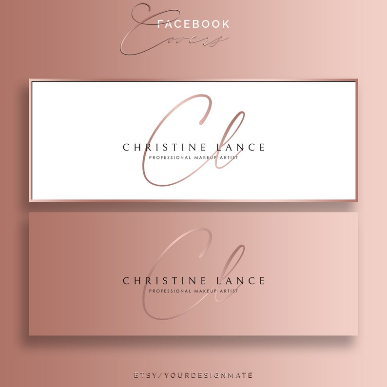 May include: Two pink and white Facebook cover images with a rose gold script logo that says "Christine Lance Professional Makeup Artist" and a stylized "CL" monogram.