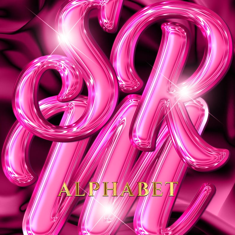 K&ouml;nnte beinhalten: Gl&auml;nzende, rosa Darstellung der Buchstaben "SRM" mit dem Wort "ALPHABET" in goldener Schrift. Die Buchstaben haben einen 3D-Effekt und sind vor einem dunkelrosa und schwarzen Hintergrund mit Lichtreflexen platziert.