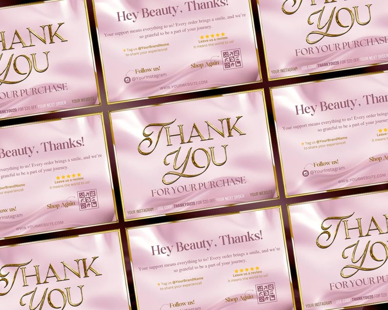 May include: Pink and gold thank you cards with the text "Thank You" in a gold script font. The cards have a silky texture and include the text "Hey Beauty, Thanks!" and "For Your Purchase".
