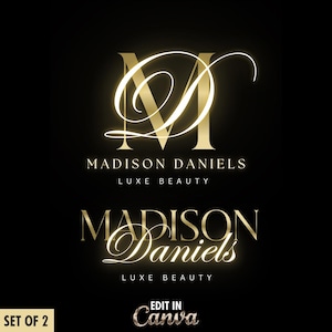 Logotipo de belleza de lujo dorado, marca elegante para salón, logotipo prediseñado moderno, diseño de logotipo editable en Canva, logotipo dorado DIY, marca empresarial de lujo n.° 21
