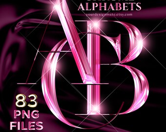 Può includere: Lettere dell'alfabeto cromate rosa A e B con un aspetto lucido e riflettente. L'immagine include il testo "CHROME ALPHABETS" e "83 PNG FILES". Lo sfondo è scuro con una texture lucida. Il testo include anche "LETTERS + NUMBERS + SYMBOLS".