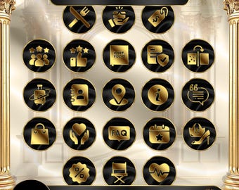 Könnte beinhalten: 21 goldene und schwarze Instagram-Highlight-Cover mit verschiedenen Symbolen, darunter eine Einkaufstasche, ein Herz, ein Kalender, ein Standort-Pin, ein Koffer, ein Mikrofon, ein Buch, ein Häkchen, ein Würfel, ein Fragezeichen, ein Prozentzeichen, ein Regiestuhl, ein Herz mit einem Herzschlag, eine Hand mit einem Herzen, ein Stern, eine Krone, ein Paar High Heels, ein Daumen hoch, eine Gruppe von Personen, eine Gabel und ein Messer, eine Hand, die ein Dollarzeichen hält, und eine Sprechblase mit GG.