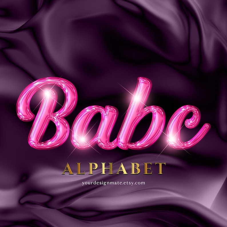 K&ouml;nnte beinhalten: Eine digitale Grafik mit dem Wort "Babe" in gl&auml;nzenden Buchstaben, in hellem Pink mit Glanzlichtern. Darunter steht das Wort "ALPHABET" in Gold, mit einer Website-Adresse unten, alles vor einem dunkelvioletten, gewellten Hintergrund.