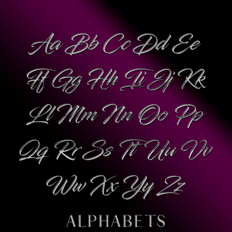 May include: A silver alphabet font with a 3D effect on a dark purple background. The letters are stylized and cursive. The word "ALPHABETS" is written in silver at the bottom of the image.