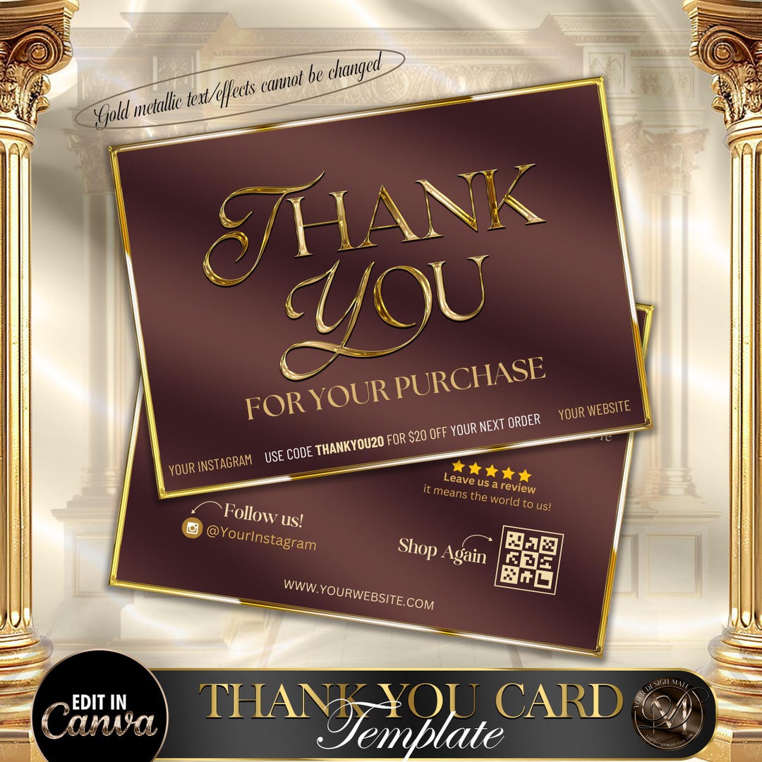 Luxury Thank You Card Template, Gold Metallic Thank You Card, Editable ...