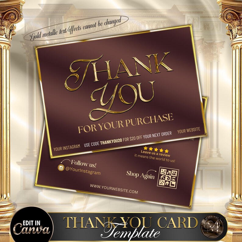 Luxury Thank You Card Template, Gold Metallic Thank You Card, Editable ...