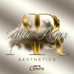 Puede incluir: Logotipo dorado con las letras estilizadas "AR", el nombre "Alice Roger" en escritura cursiva y la palabra "Aesthetics" debajo. Todo sobre un fondo nublado con un logotipo de "Edit in Canva".