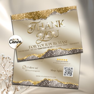 Champagne Gold Thank You Card Template Canva, Beauty Business Thank You Card Editable, Luxury Small Business Insert Card with QR Code #14